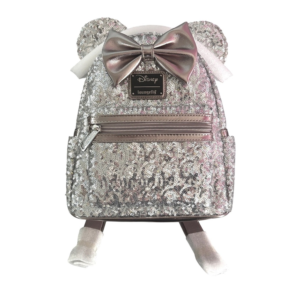 Loungefly Backpack Disney Minnie Mouse Gray Sequin Mini Metallic Bow NEW